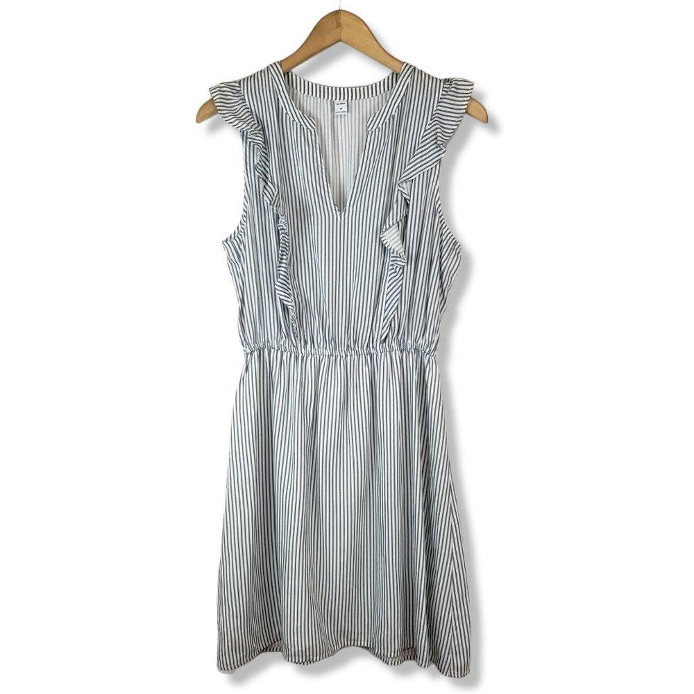 Old Navy White and Blue-grey Striped Ruffle Adorned Mini-Dress Size M